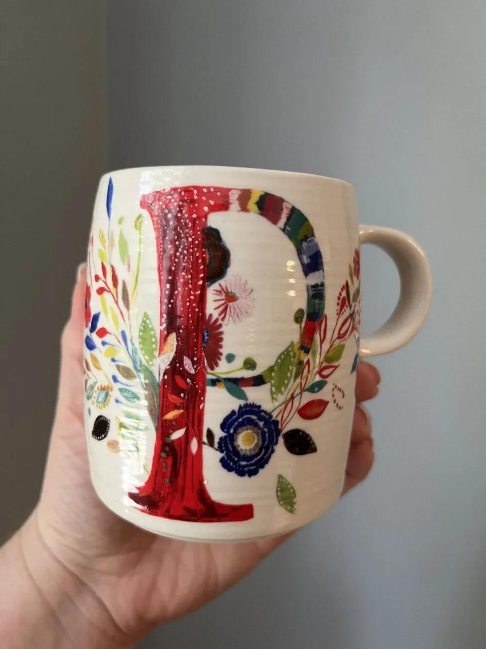 Anthropologie Signed Starla M. Halfmann Monogram P Floral Ribbed Ceramic Mug